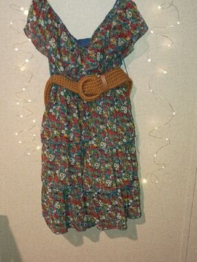 Rue21 Teal Floral Ruffle Dress with Brown Belt